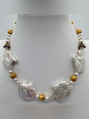 Large Baroque Pearl Necklace Gold Tone Beads Faux Pearl Statement Bib Collar
